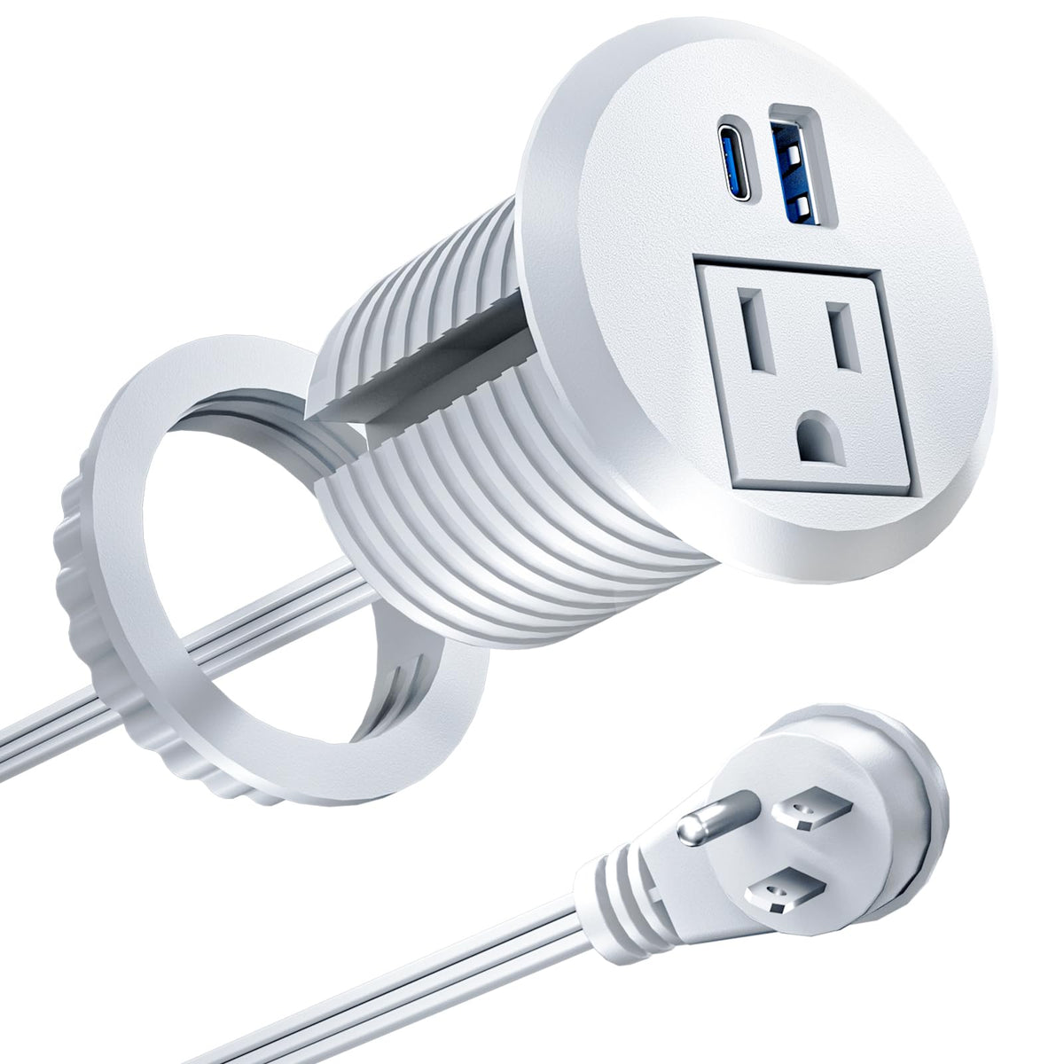 DOACE recessed power grommet on a desk for tidy charging station.