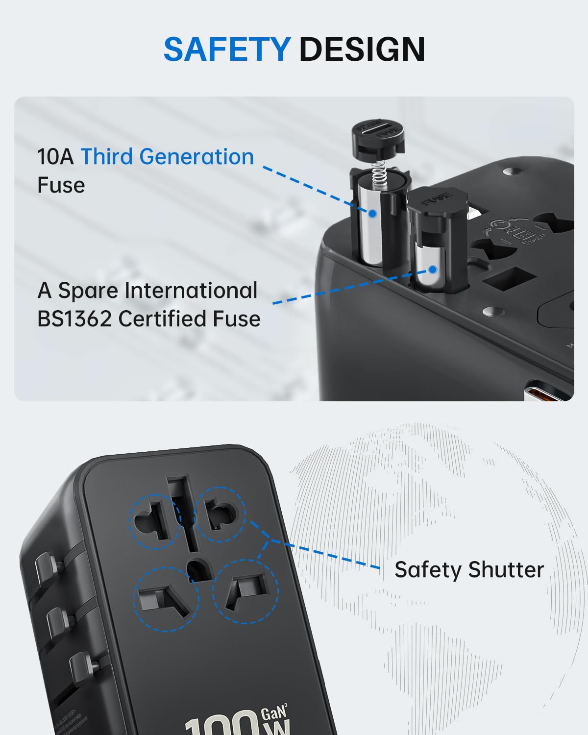 Six-device charging setup with two USB-C ports, two USB-A ports, and outlet