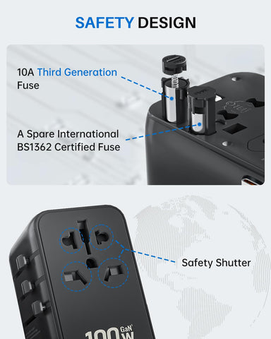 Six-device charging setup with two USB-C ports, two USB-A ports, and outlet