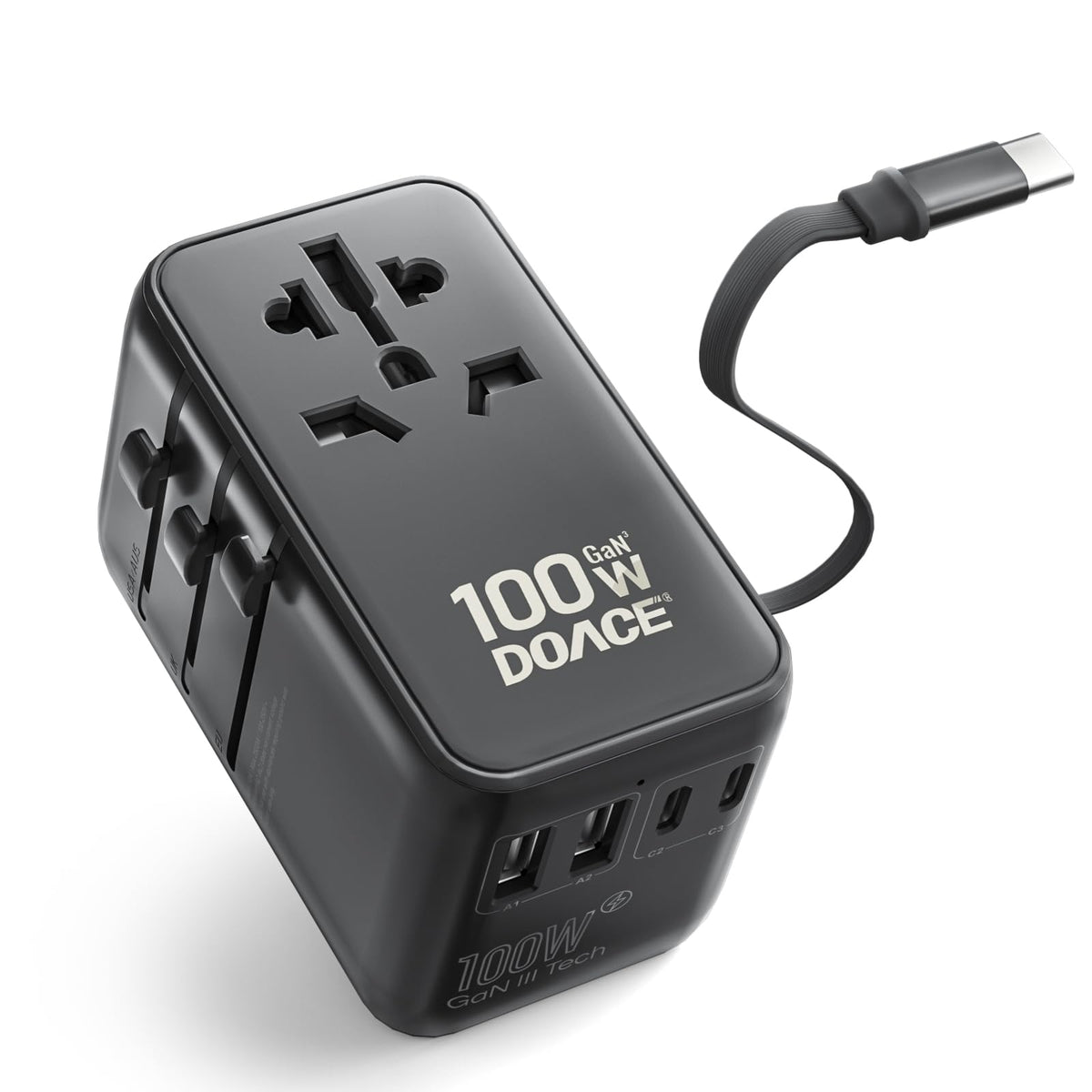 DOACE universal travel adapter with 6-in-1 design and retractable USB-C cable