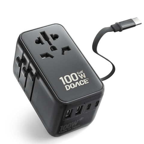DOACE universal travel adapter with 6-in-1 design and retractable USB-C cable