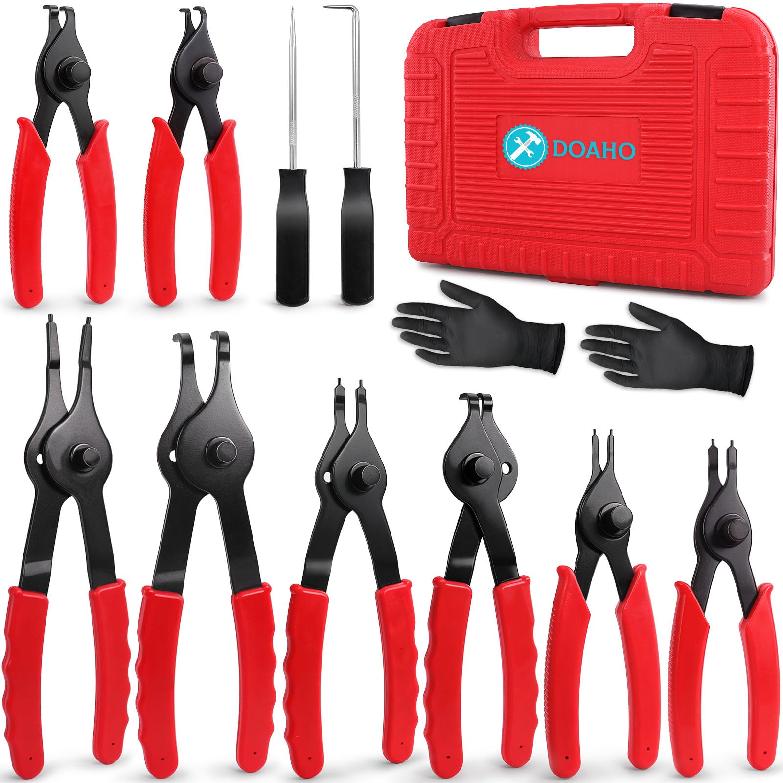 Doaho 10-piece snap ring pliers set in action for internal and external rings