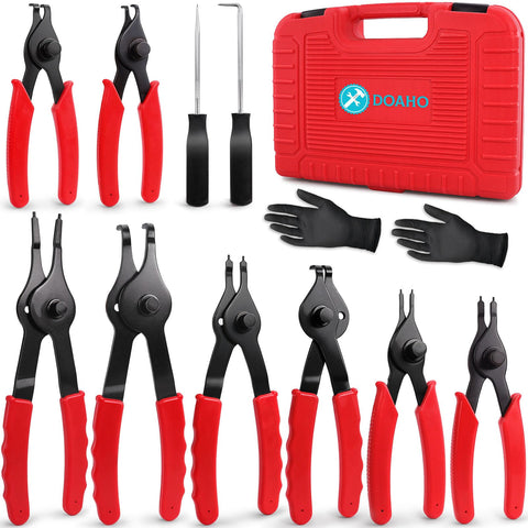 Doaho 10-piece snap ring pliers set in action for internal and external rings
