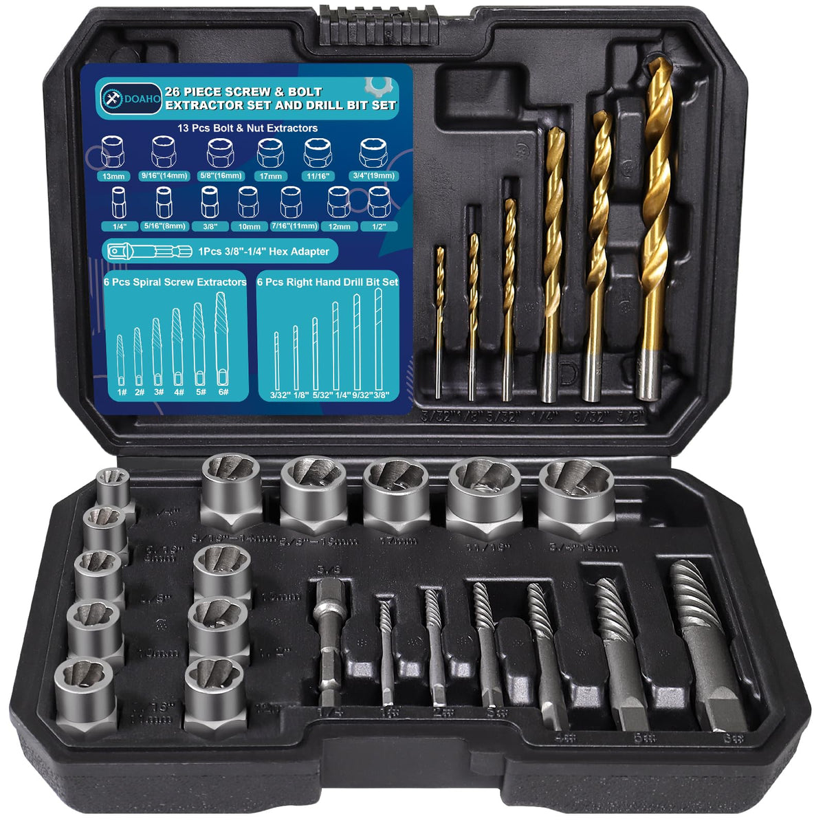 Doaho 26-piece bolt and nut extractor set in case for quick fastener removal