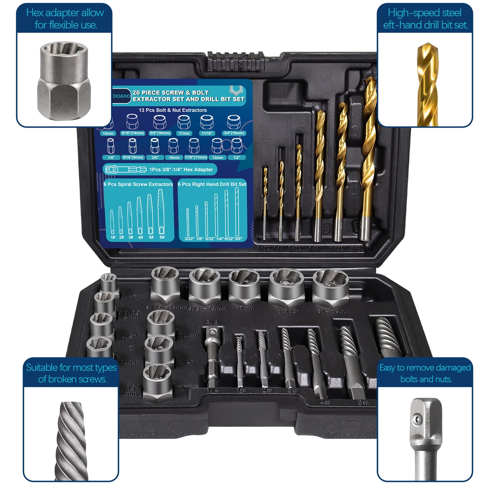 Doaho left-hand drill bits collection showing reverse bit design for tough fasteners
