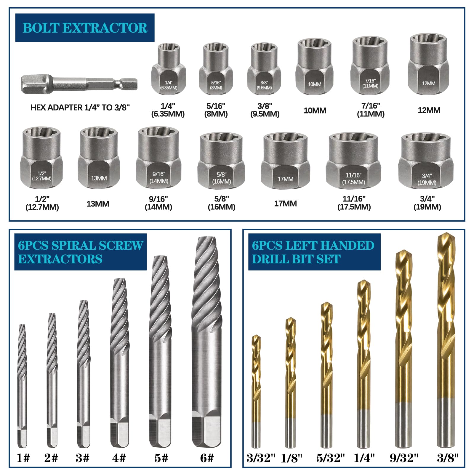 Doaho spiral screw extractor kit with case designed to bite damaged screws