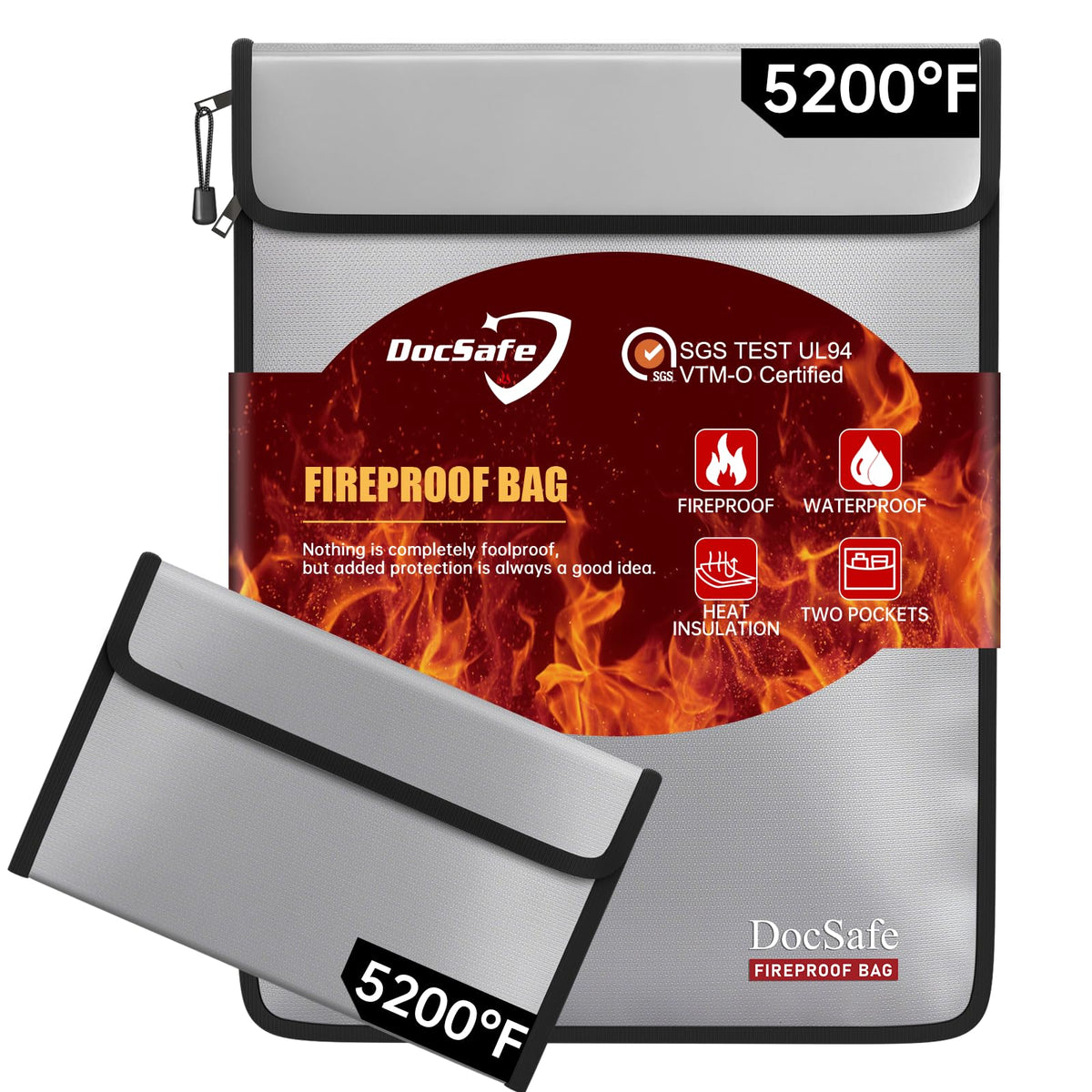 DocSafe fireproof bag with 5200°F insulation protecting documents from heat.