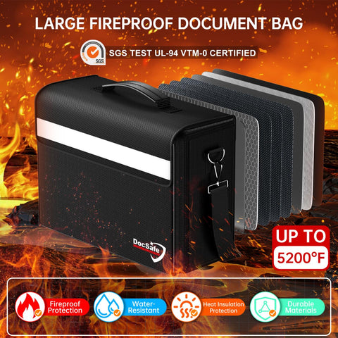 DocSafe fireproof bag side view with reflective strip for night visibility