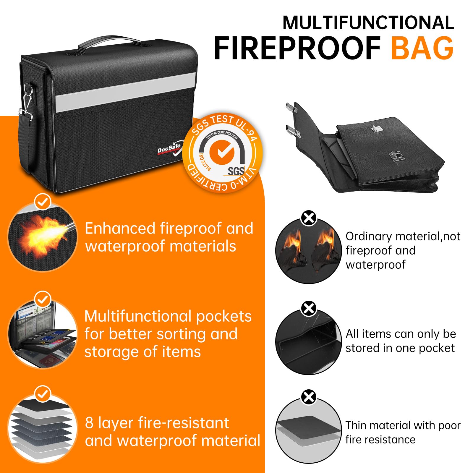 DocSafe fireproof bag top view highlighting lockable zipper for secure access