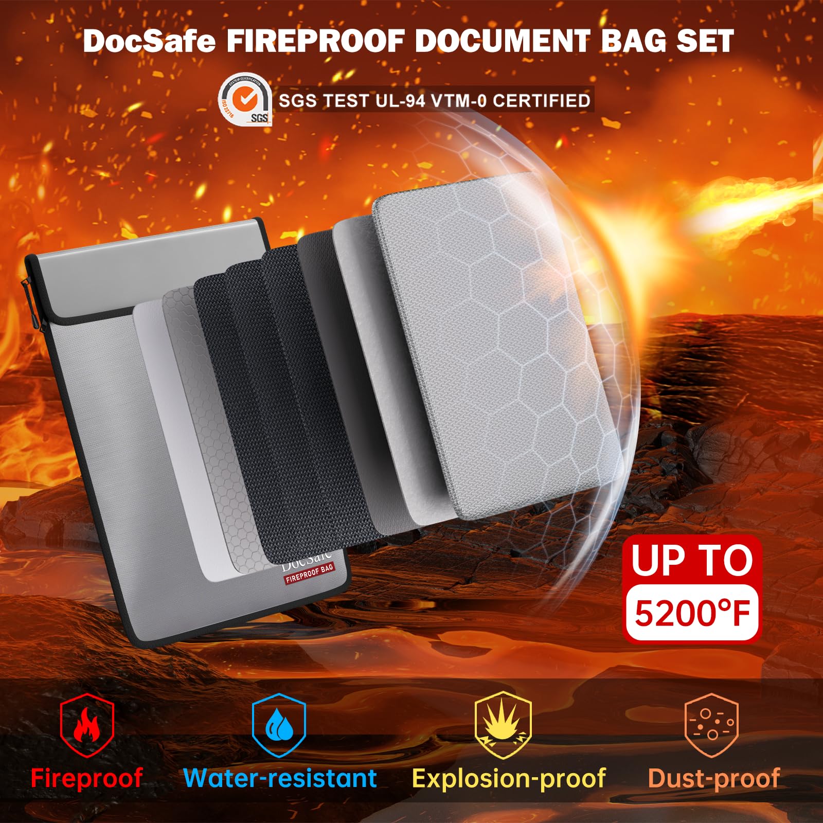 DocSafe fireproof bag two-pocket organizer keeps documents neatly separated.