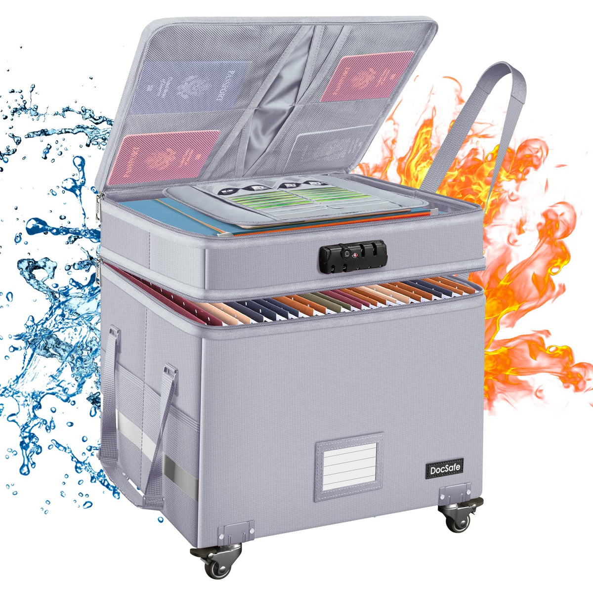 DocSafe fireproof box with lock and wheels, front view for secure storage.