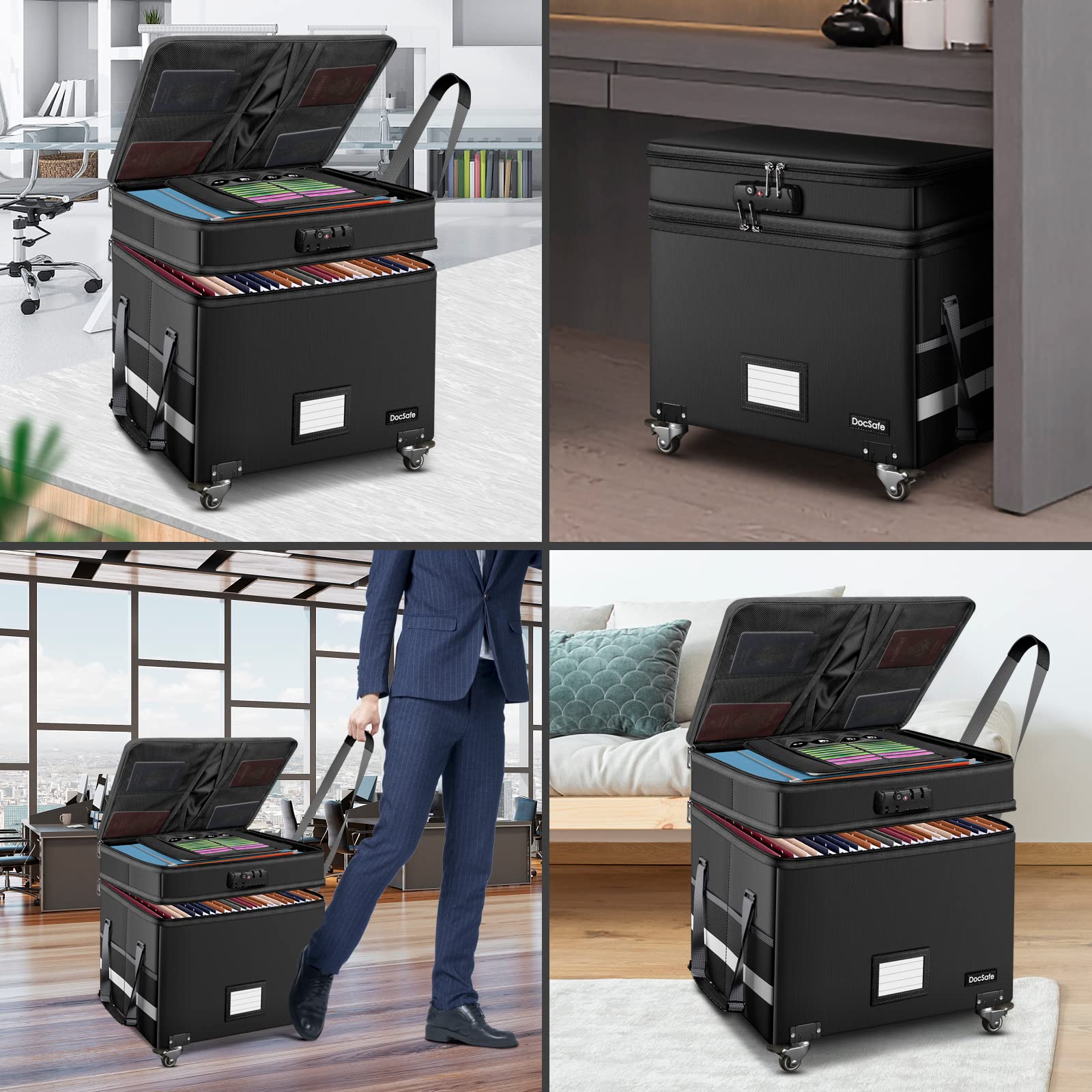 DocSafe fireproof box wheels with brakes enabling mobile filing on demand.