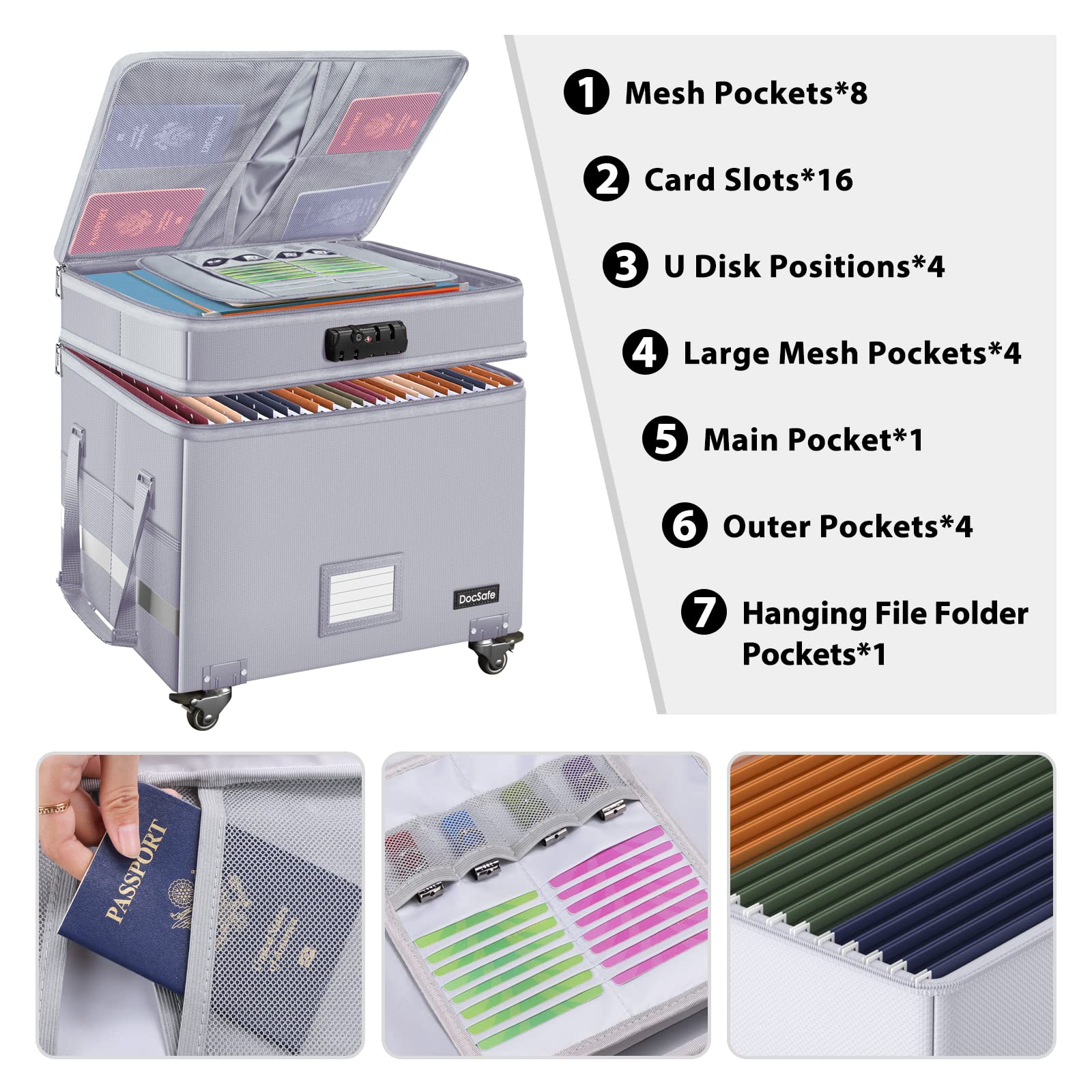 DocSafe multi-layer file box showing organized compartments for passports and cards.