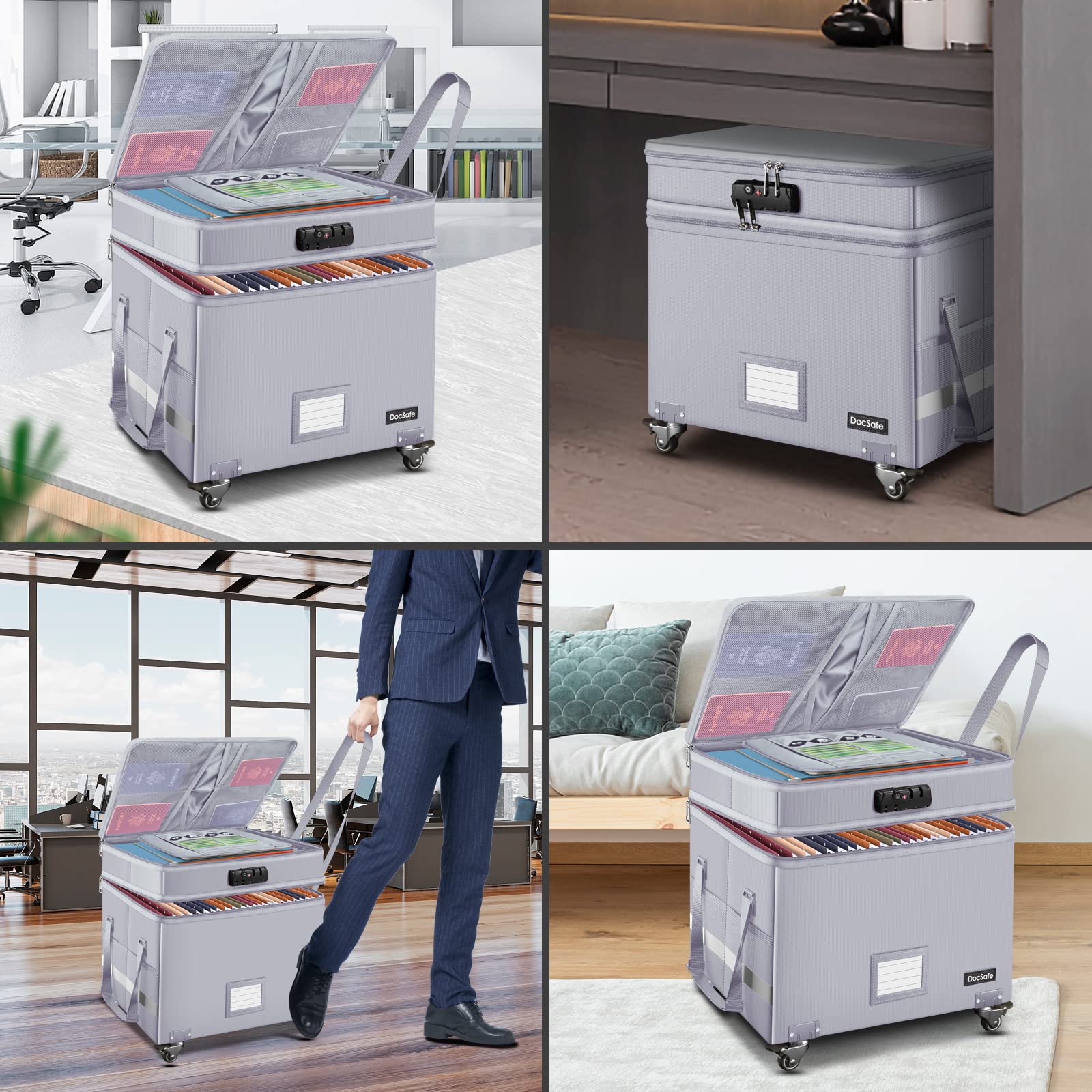 DocSafe rolling file box with four wheels and brakes for easy movement.