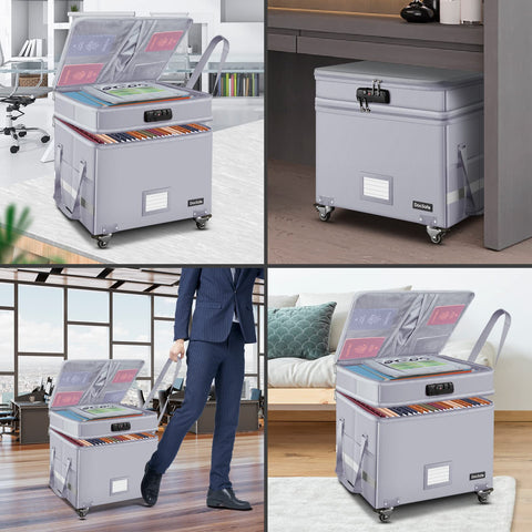 DocSafe rolling file box with four wheels and brakes for easy movement.