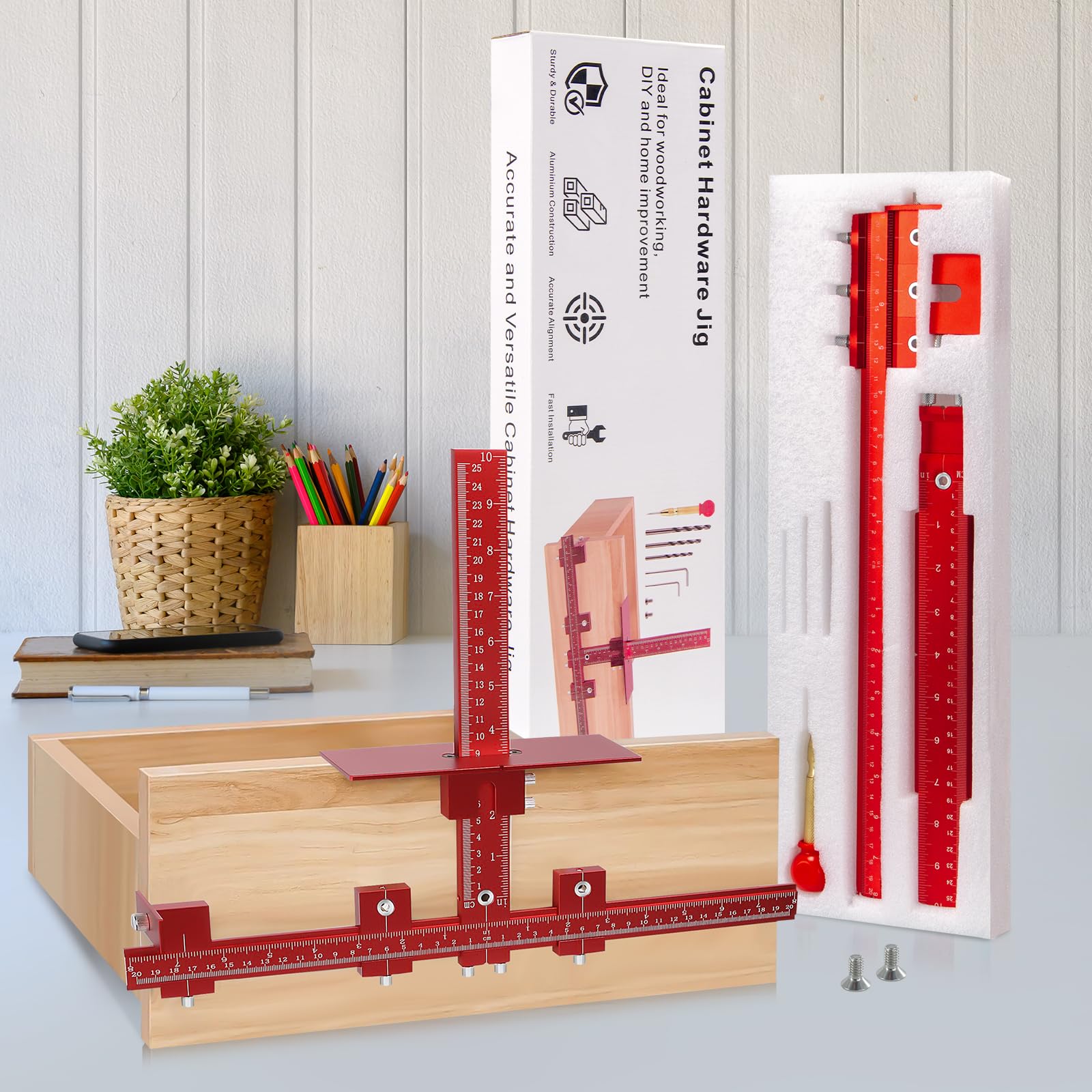 DOCXCDO aluminum jig tool with laser guides speeds drill-ready accuracy for cabinet hardware.
