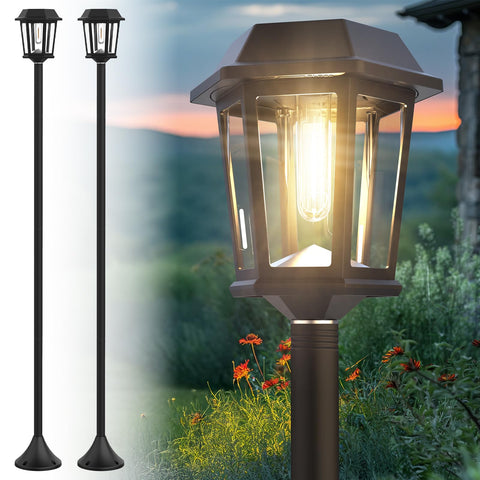 DOESLAG two-pack solar lamp post lights, 61 inches tall, for curb appeal at night.