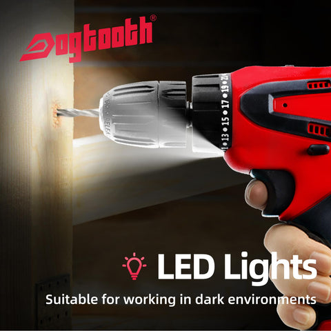 Dogtooth 21V Max cordless drill LED light illuminates dark spaces.