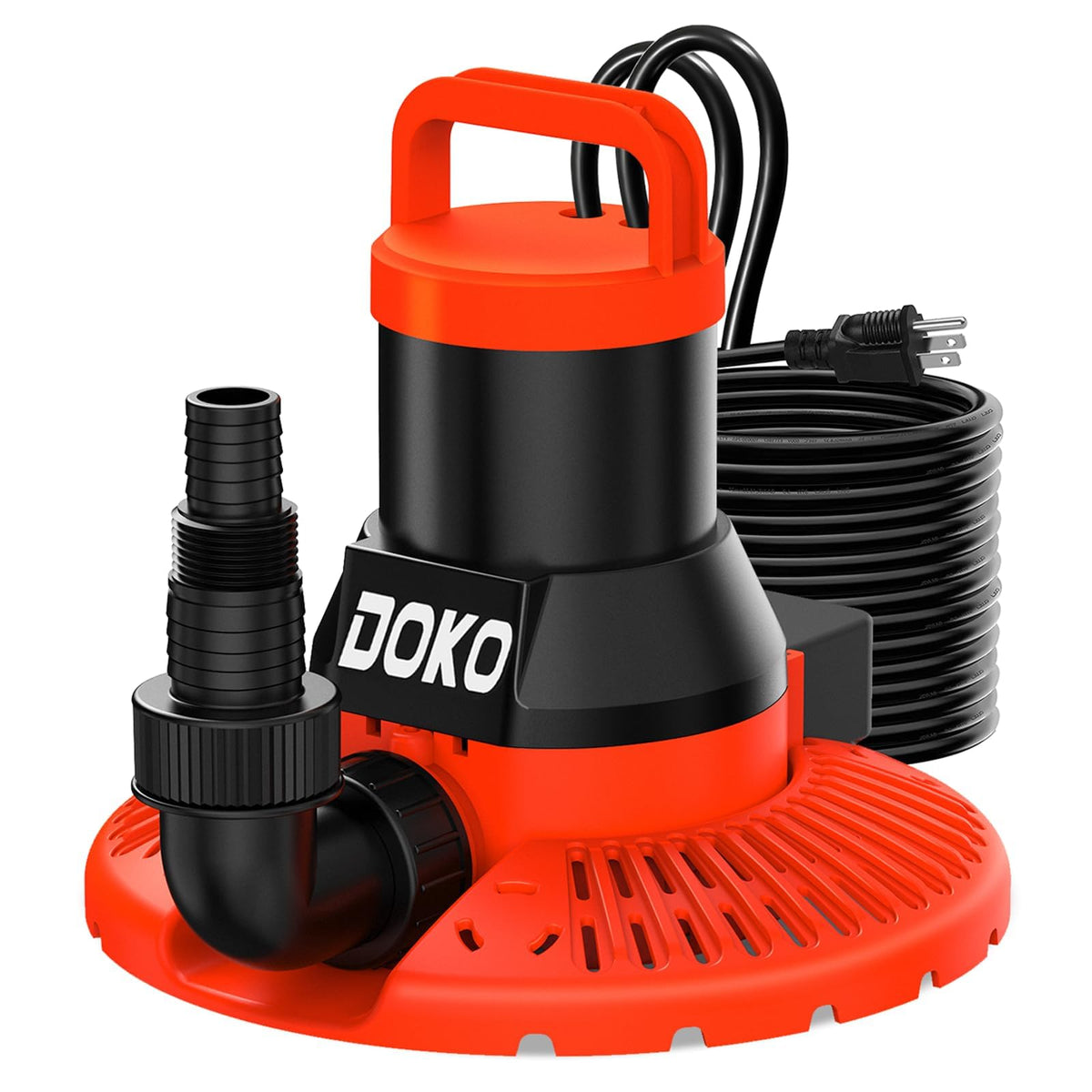 DOKO pool cover pump setup with power cord and discharge options