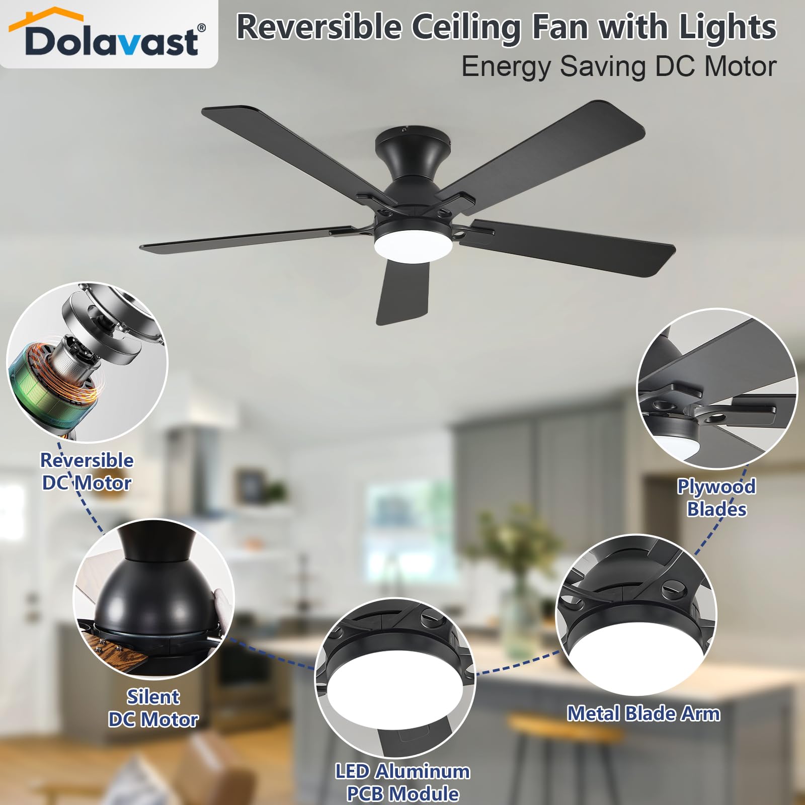 Dolavast quiet DC motor reduces noise for peaceful bedrooms and study rooms.