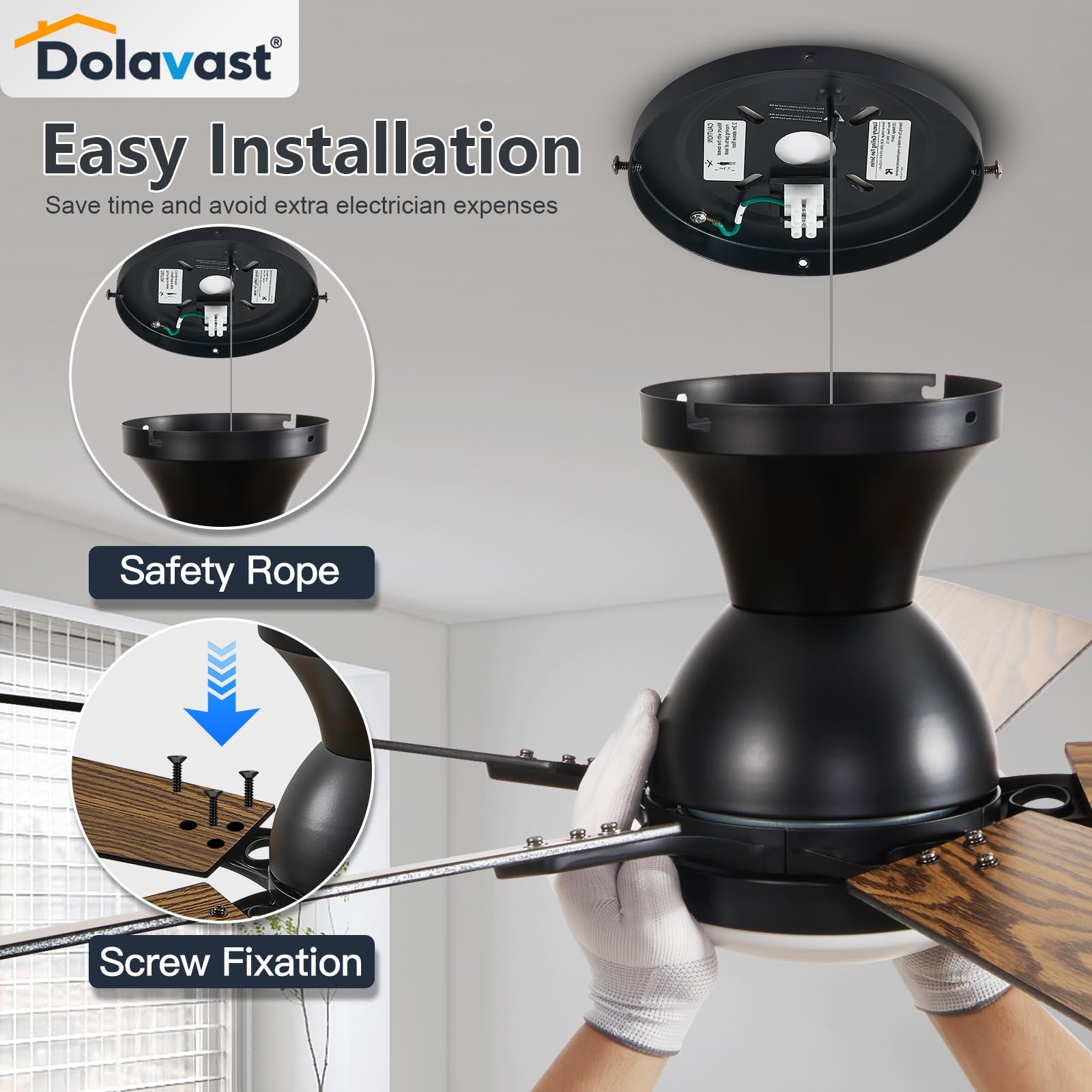 Dolavast 52-inch fan with wood blades provides adjustable airflow for living spaces.