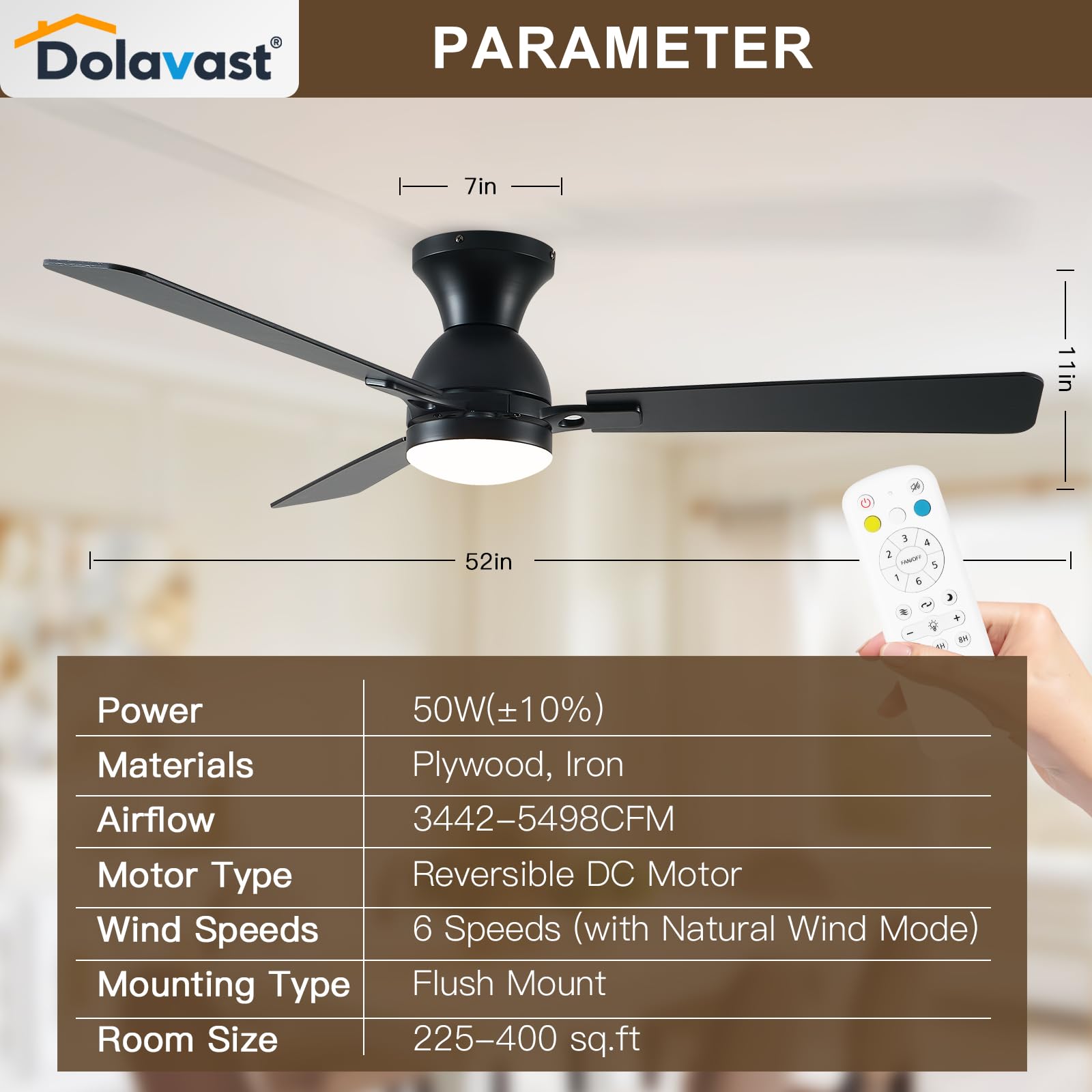 Dolavast black-finish ceiling fan with lights as a modern focal point.