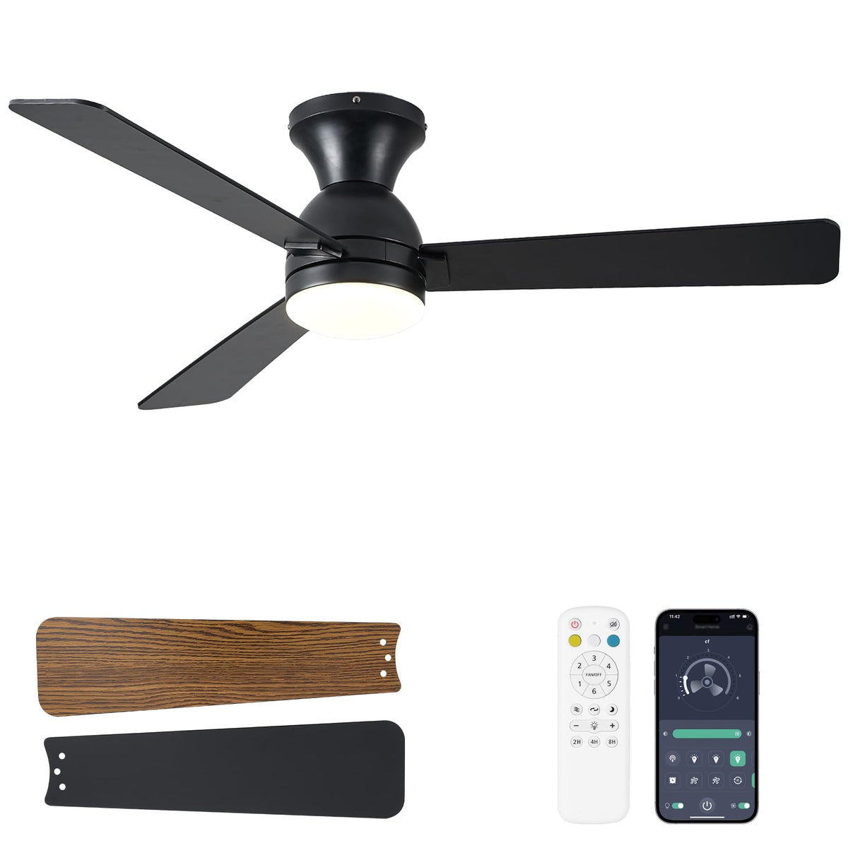 Dolavast ceiling fan with lights in black, 48-inch profile for bedrooms and dining rooms.