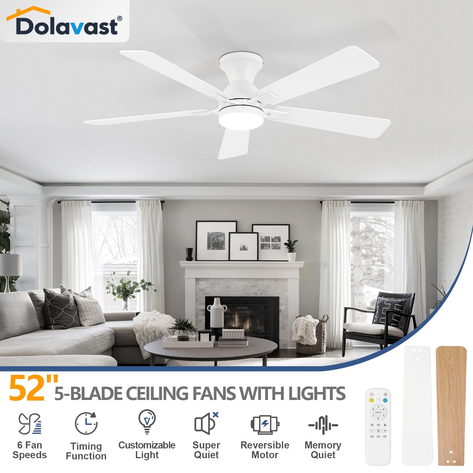 Fandelier flush-mount design with remote control for modern spaces.