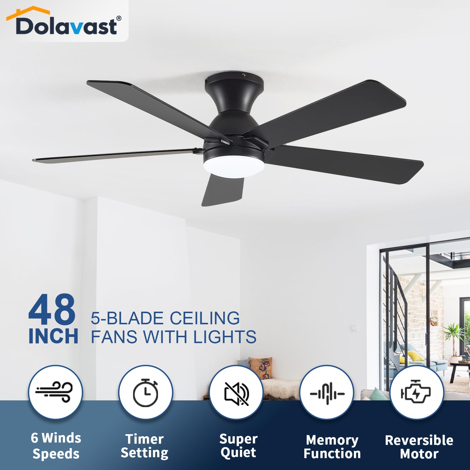 Dolavast fandelier low-profile design fits discreetly in bedrooms.