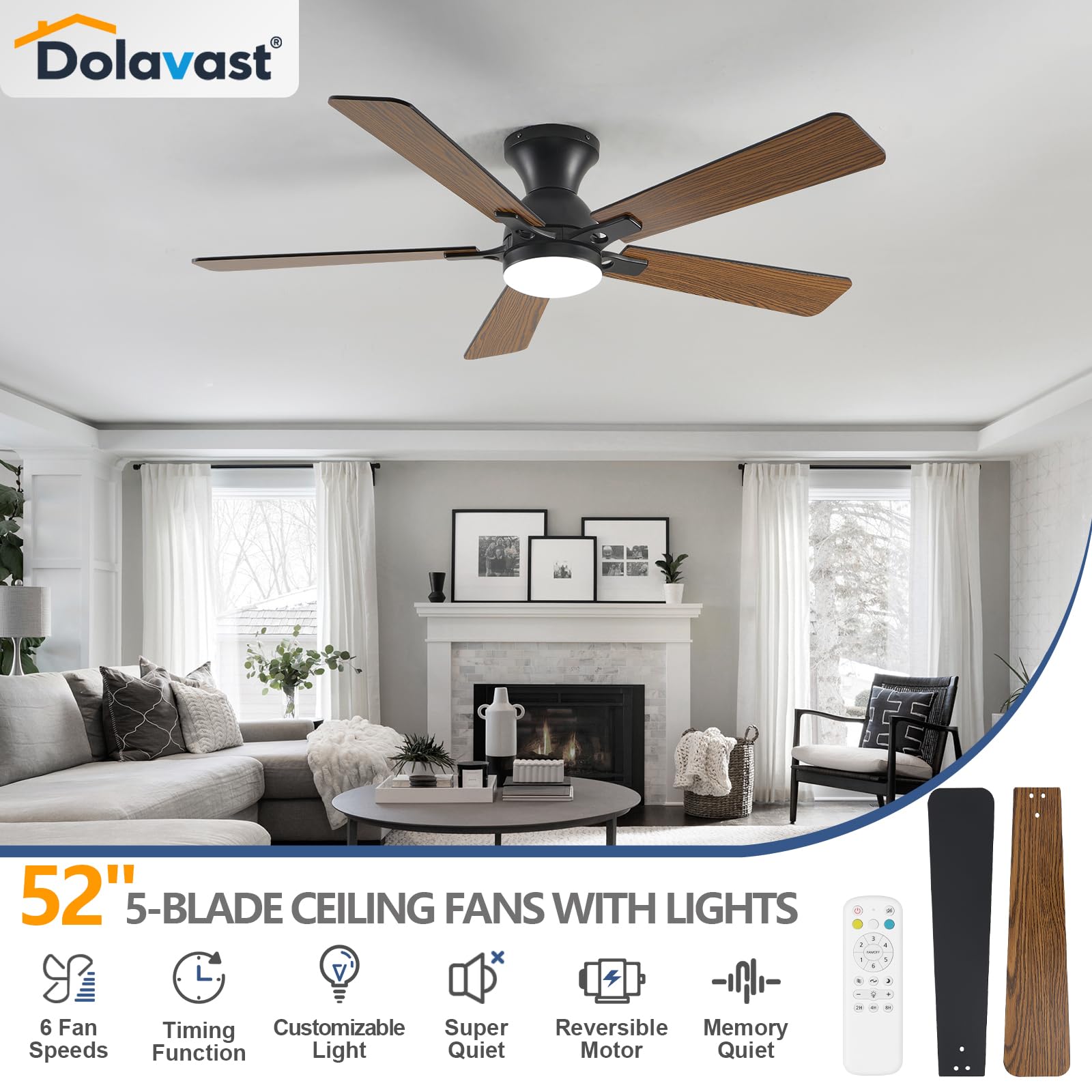 Dolavast low-profile flush-mount design in black complements bedrooms with quiet operation.