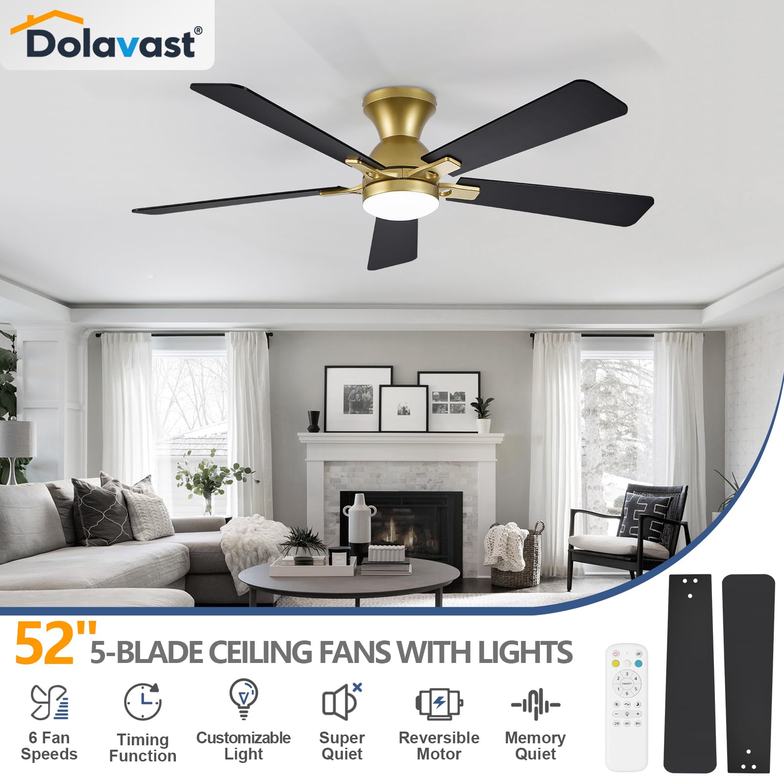Dolavast low-profile gold fandelier with sleek design and quiet performance