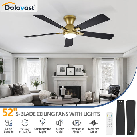 Dolavast low-profile gold fandelier with sleek design and quiet performance