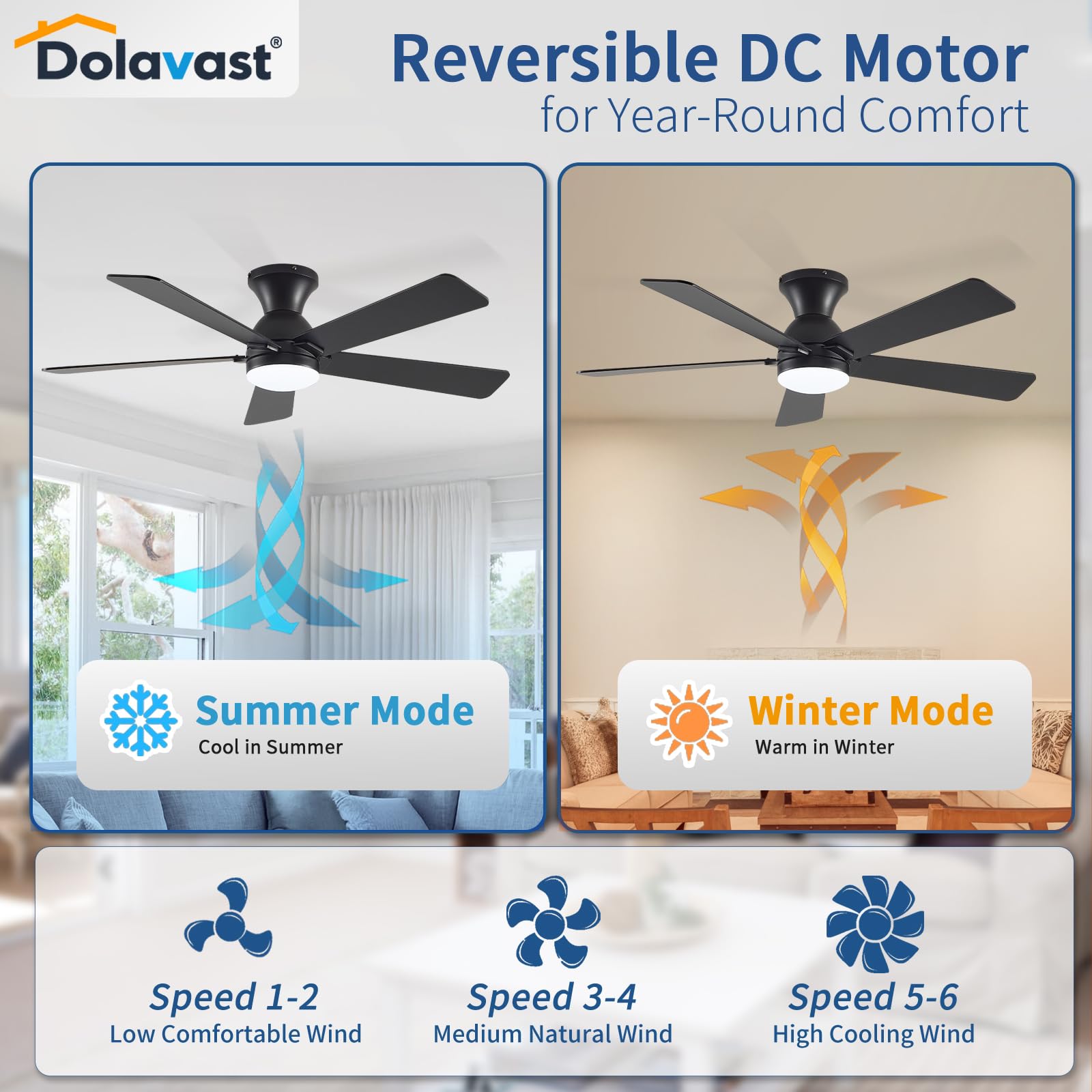 Dolavast timer and natural wind mode support restful evenings.