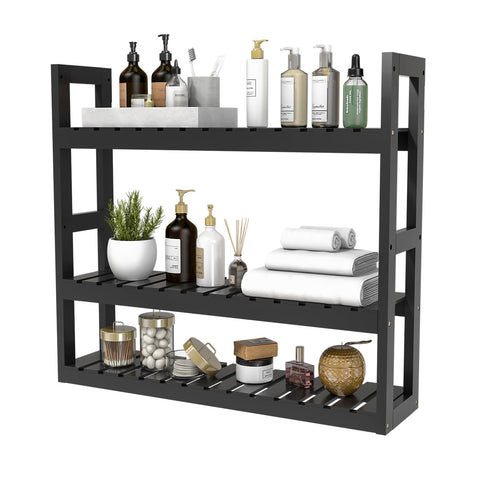 Domax bamboo bathroom shelf 3-tier wall mount stores towels and toiletries efficiently.