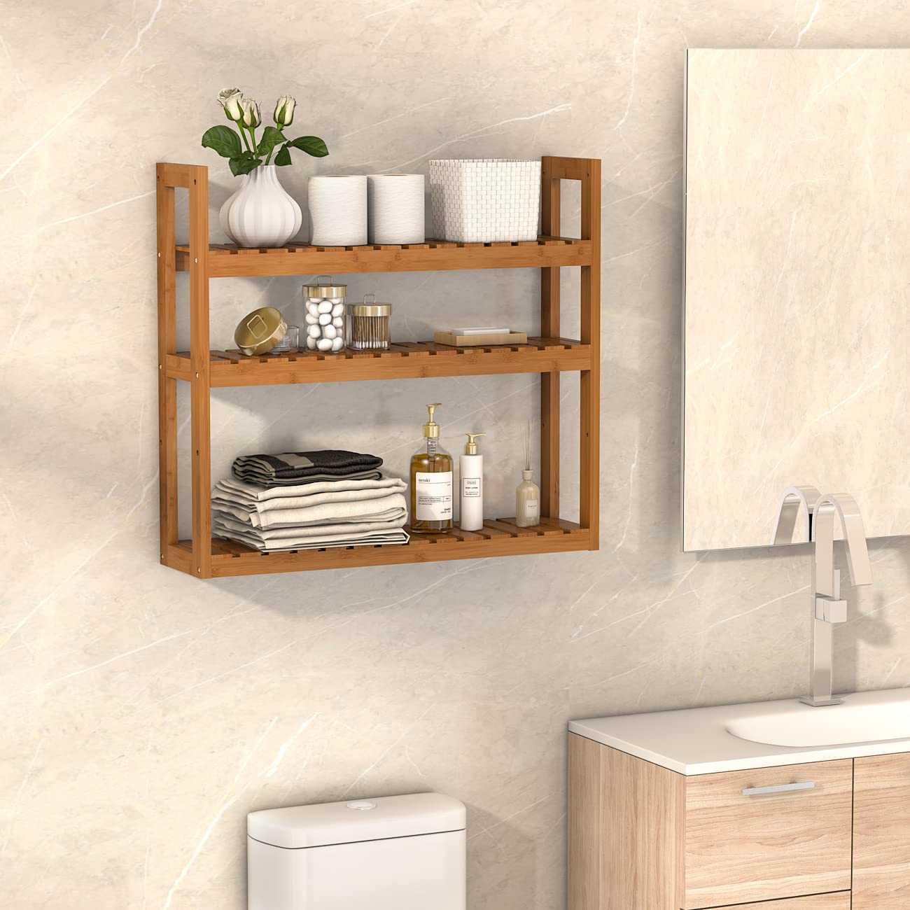 Domax bamboo shelf with adjustable vertical positions for flexible storage options