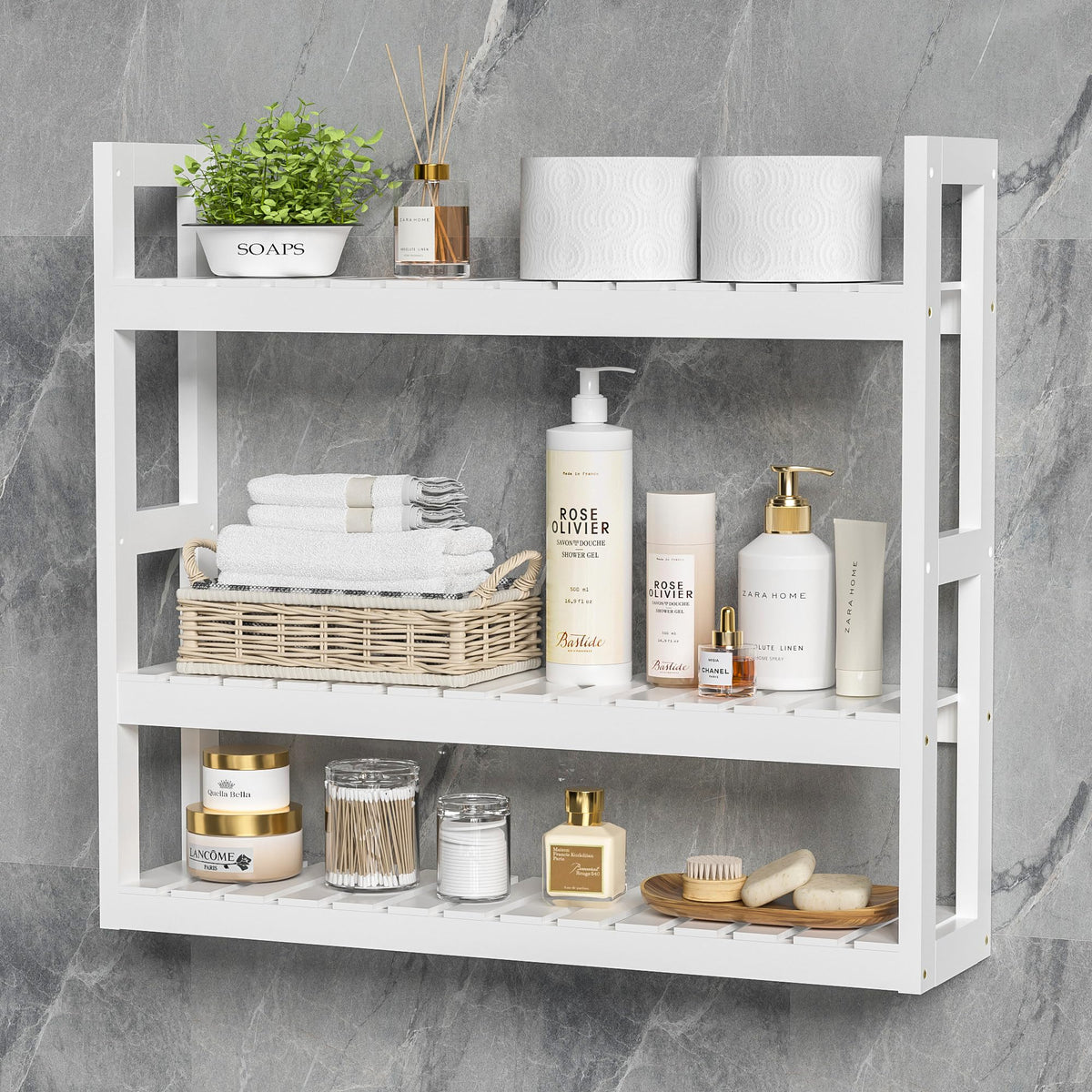 Domax over-toilet bamboo shelf in white provides space-saving bathroom storage.