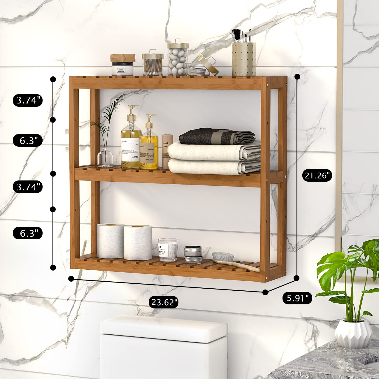 Over-toilet shelf wall-mounted by Domax saves counter space and declutters bathrooms