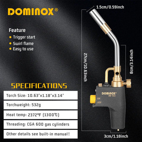 DOMINOX propane torch head ergonomic, anti-slip frosted handle improves grip.