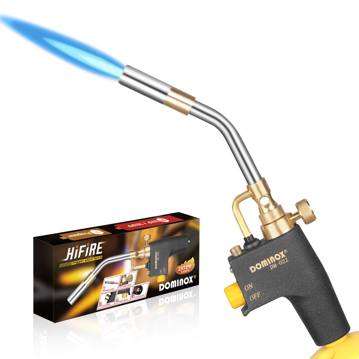 DOMINOX propane torch head front view with ergonomic frosted grip for comfortable use.