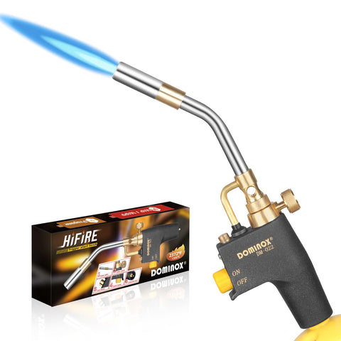 DOMINOX propane torch head front view with ergonomic frosted grip for comfortable use.