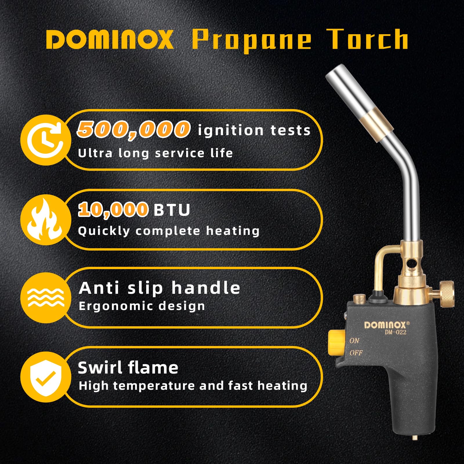 DOMINOX propane torch head ignition trigger demonstrates quick start and precise flame control.