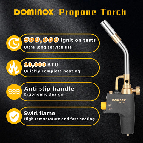 DOMINOX propane torch head ignition trigger demonstrates quick start and precise flame control.
