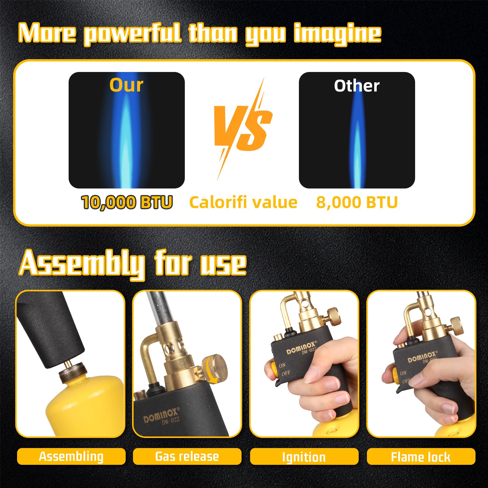 DOMINOX propane torch head pressure regulator ensures stable flame during prolonged use.