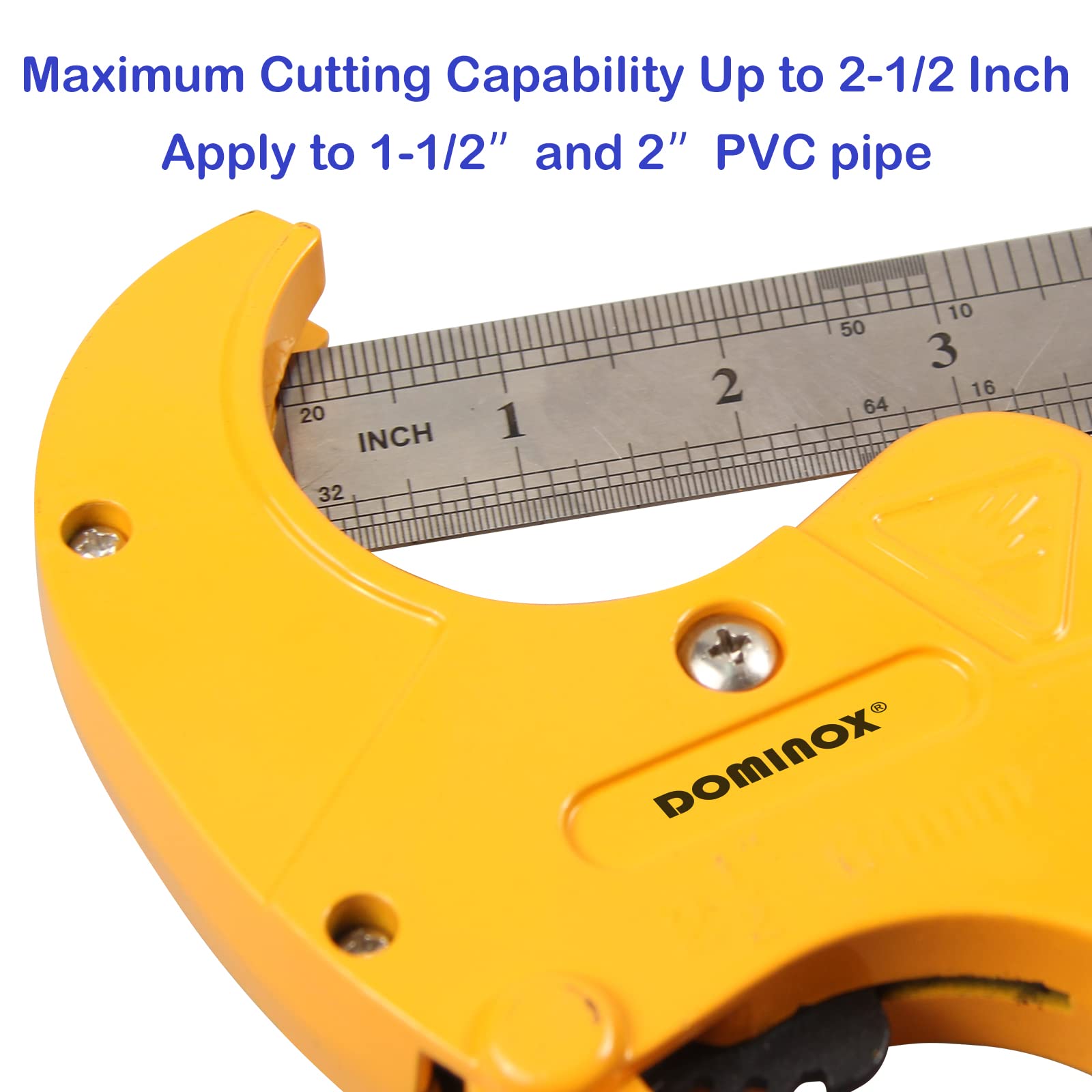 DOMINOX cutter showing 2-1/2 inch capacity handling multiple pipe types