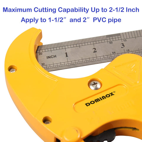DOMINOX cutter showing 2-1/2 inch capacity handling multiple pipe types