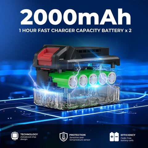 Dong Cheng 20V battery two-pack keeps you powered on longer.