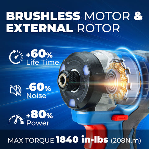 Dong Cheng 20V brushless impact driver achieves rapid drive speed at 3200 RPM.