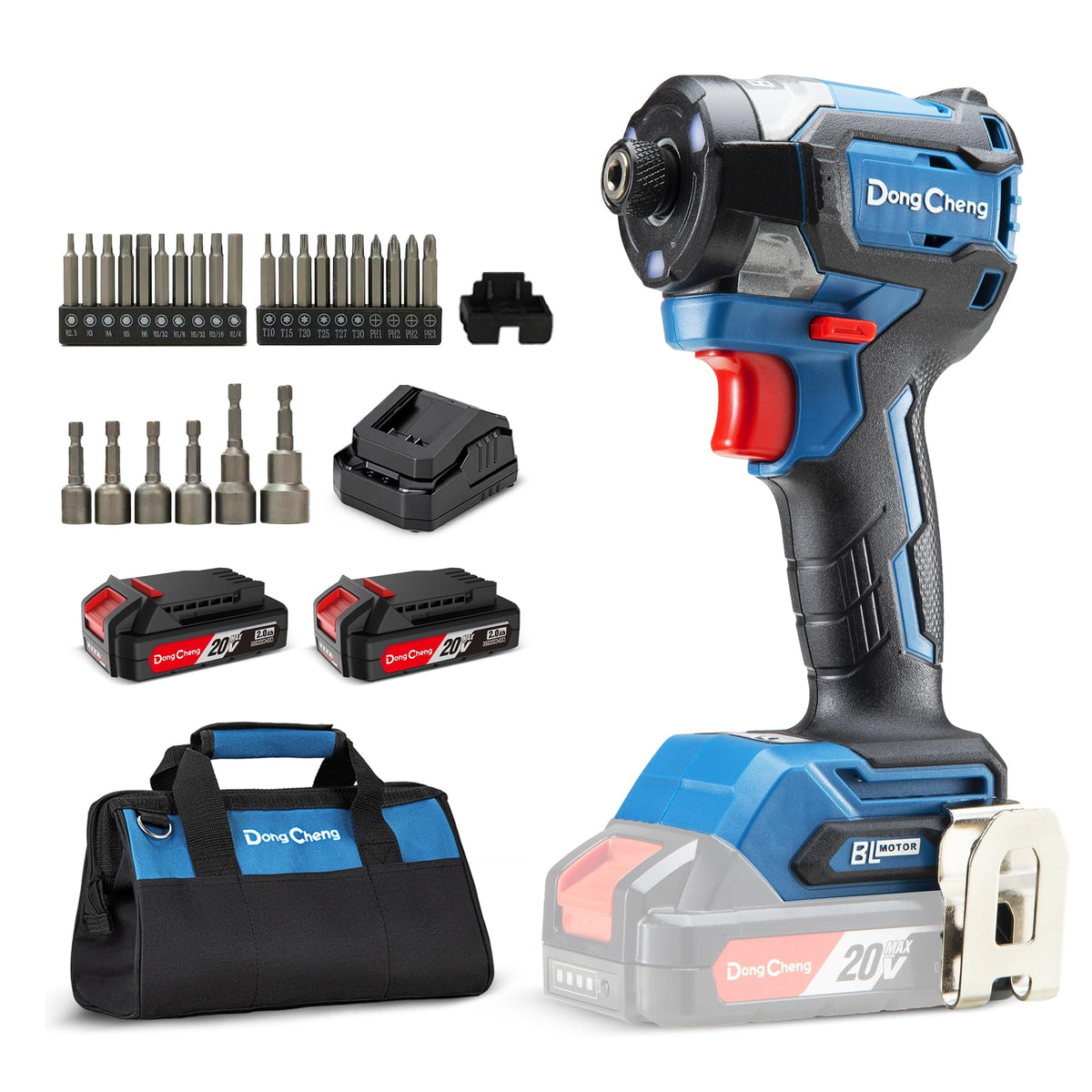 Dong Cheng 20V brushless impact driver delivers high torque for tough fastenings.