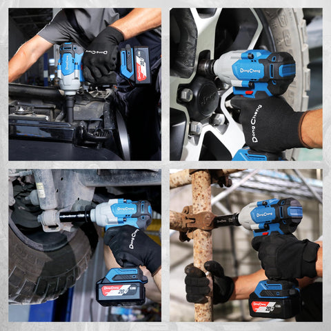 Dong Cheng 20V brushless impact wrench integrated LED light for improved visibility.