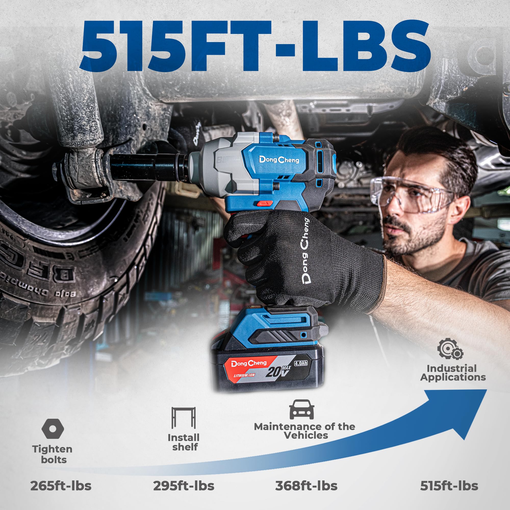 Dong Cheng 20V brushless impact wrench torque spec clearly displayed for precise tightening.